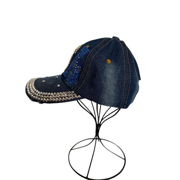 Patriotic USA Embellished Rhinestone Bead Distressed Raw Denim Baseball Cap Hat - Picture 2 of 9